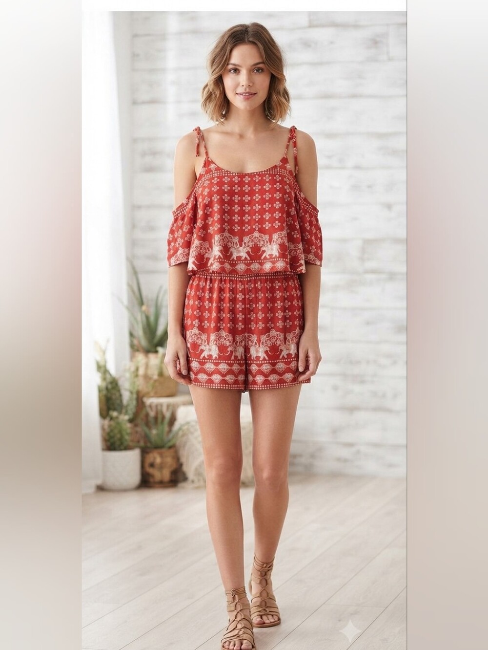 Vintage Y2K POOF Elephant Print Popover Romper Jumpsuit Red White Festival L